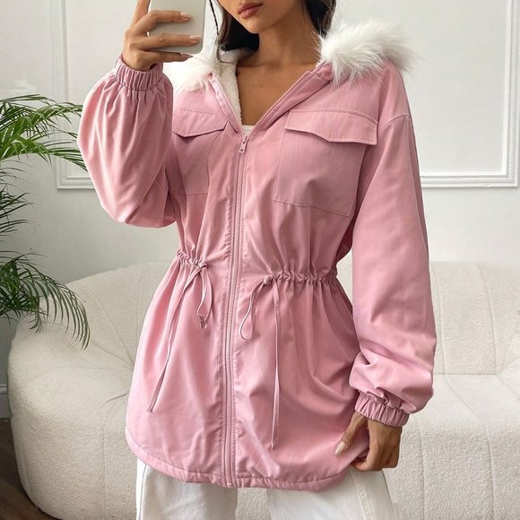 Pink Preppy Womens Fuzzy Trim Drawstring Waist Hooded Coat - Picture 5 of 5